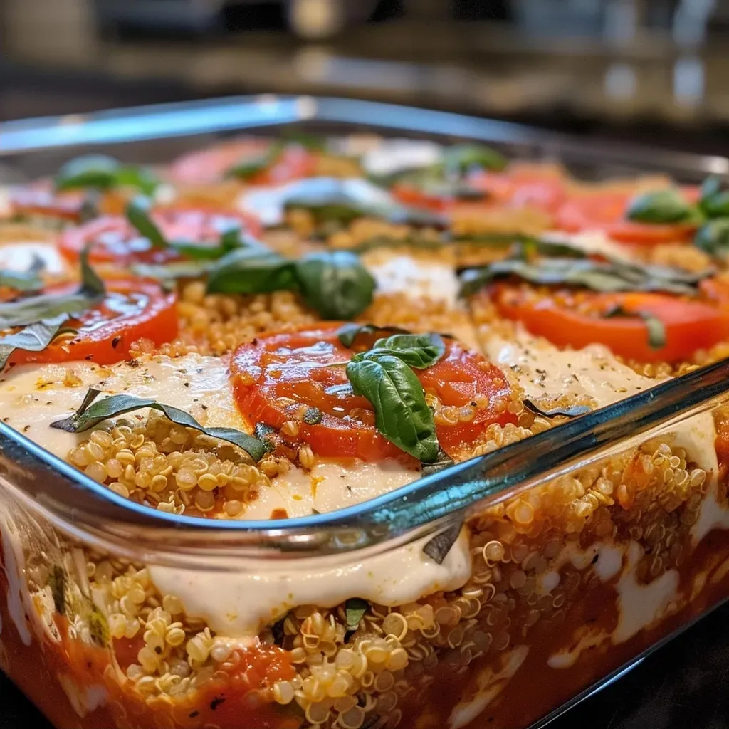 ['Close-up view of a creamy Caprese quinoa bake filled with melted cheese and tomatoes.', 'Side view of a creamy quinoa bake topped with mozzarella, grape tomatoes, and basil.', 'Juicy Caprese quinoa bake showcasing layers of cheese and vibrant tomatoes.', 'A rich, creamy quinoa dish featuring fresh basil and colorful ingredients.']