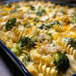 ['Close-up view of creamy chicken and broccoli pasta bake in a white dish.', 'Side view of a cheesy pasta bake with chicken and broccoli, showing creamy texture.', 'Juicy chicken and broccoli pasta bake in a casserole dish, garnished and bubbling.', 'Delicious creamy pasta bake featuring chicken pieces and broccoli florets.']