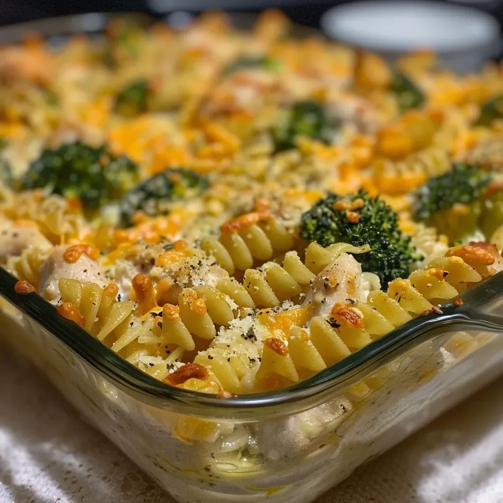['Close-up view of creamy chicken and broccoli pasta bake in a white dish.', 'Side view of a cheesy pasta bake with chicken and broccoli, showing creamy texture.', 'Juicy chicken and broccoli pasta bake in a casserole dish, garnished and bubbling.', 'Delicious creamy pasta bake featuring chicken pieces and broccoli florets.']