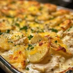 ['A close-up view of a creamy chicken and potato casserole, showcasing golden-brown cheese on top.', 'A side angle of a delicious chicken and potato casserole with sliced potatoes and melted cheese.', 'An image of a freshly baked creamy chicken and potato casserole, with visible layers of chicken and potatoes.', 'A detailed shot of a comforting chicken casserole, highlighting its creamy texture and delicious ingredients.']