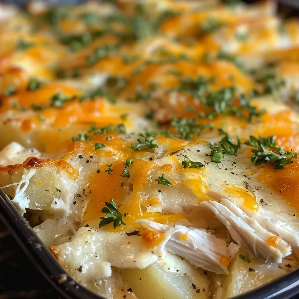 ['A close-up view of a creamy chicken and potato casserole, showcasing golden-brown cheese on top.', 'A side angle of a delicious chicken and potato casserole with sliced potatoes and melted cheese.', 'An image of a freshly baked creamy chicken and potato casserole, with visible layers of chicken and potatoes.', 'A detailed shot of a comforting chicken casserole, highlighting its creamy texture and delicious ingredients.']