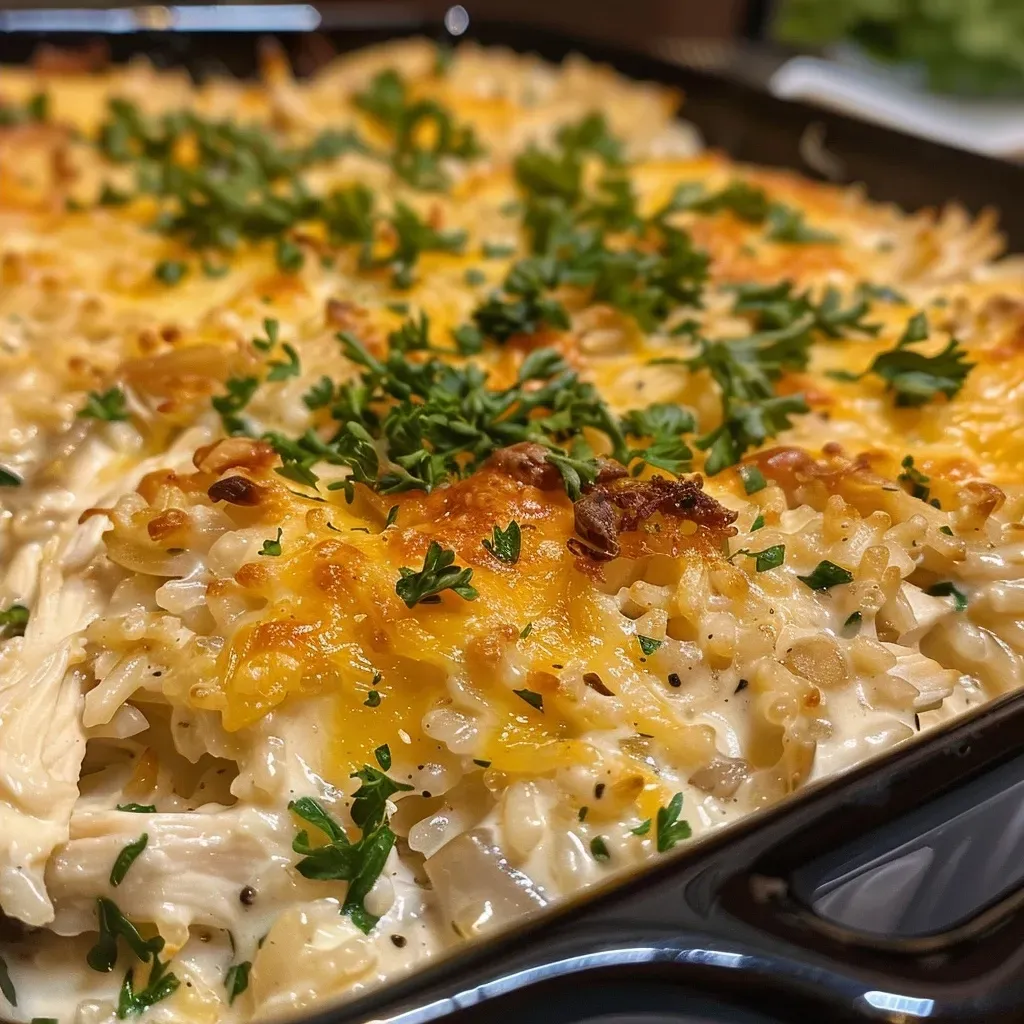 ['A close-up view of a creamy chicken and rice casserole, showcasing its rich texture and golden top.', 'A side angle of a baked chicken and rice casserole, highlighting the creamy sauce and succulent chicken pieces.', 'An appetizing close-up of a creamy chicken casserole dish, revealing layers of rice and tender chicken.', 'A detailed side view of a steaming chicken and rice casserole, emphasizing its creamy consistency and garnished top.']