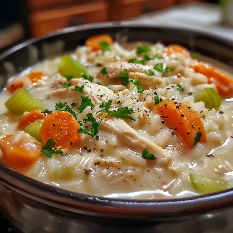 ['A close-up view of creamy chicken and rice soup in a white bowl, garnished with fresh herbs.', 'Side view of a bowl filled with creamy chicken and rice soup, featuring chunks of chicken and vegetables.', 'A rich and creamy chicken and rice soup displayed in a rustic bowl, highlighting its savory texture.', 'Delicious creamy chicken and rice soup in a bowl, showing rice and chicken pieces amidst a creamy broth.']