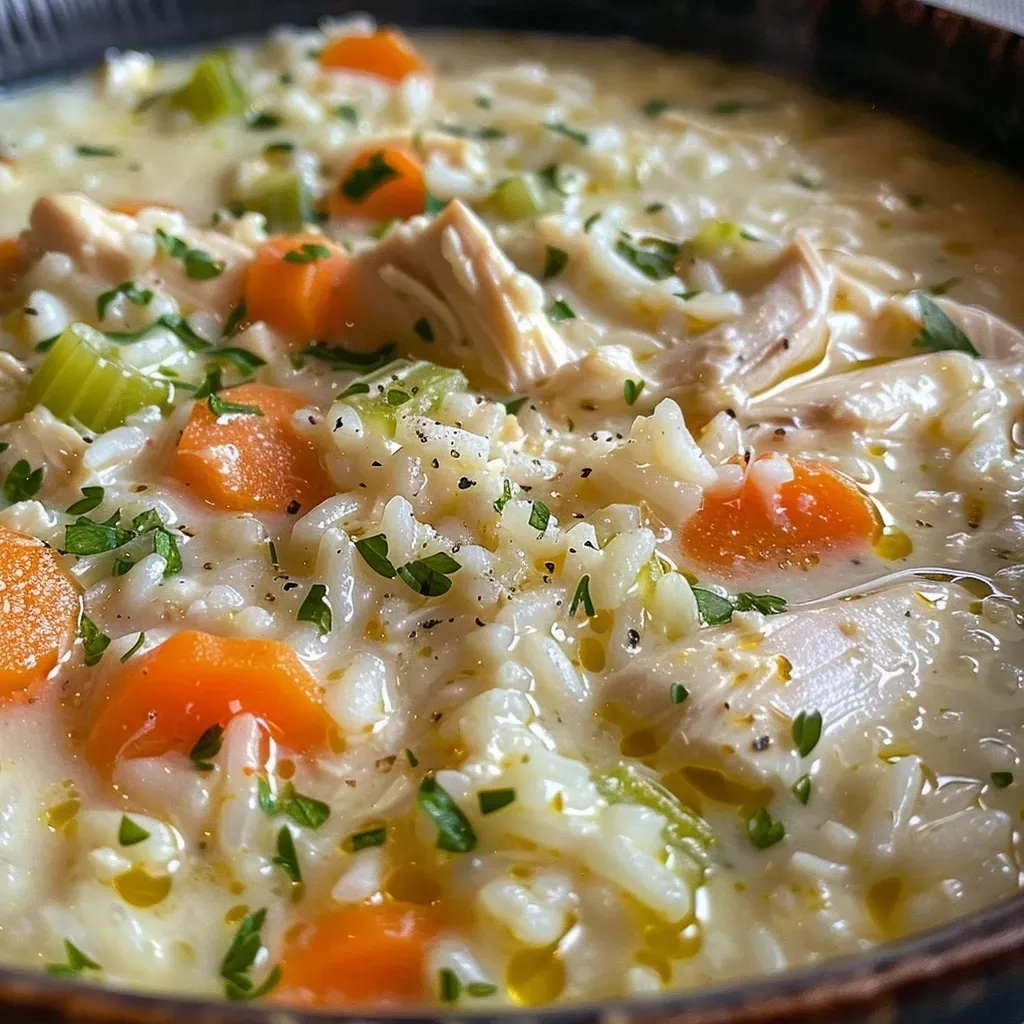 ['A close-up view of creamy chicken and rice soup in a white bowl, garnished with fresh herbs.', 'Side view of a bowl filled with creamy chicken and rice soup, featuring chunks of chicken and vegetables.', 'A rich and creamy chicken and rice soup displayed in a rustic bowl, highlighting its savory texture.', 'Delicious creamy chicken and rice soup in a bowl, showing rice and chicken pieces amidst a creamy broth.']