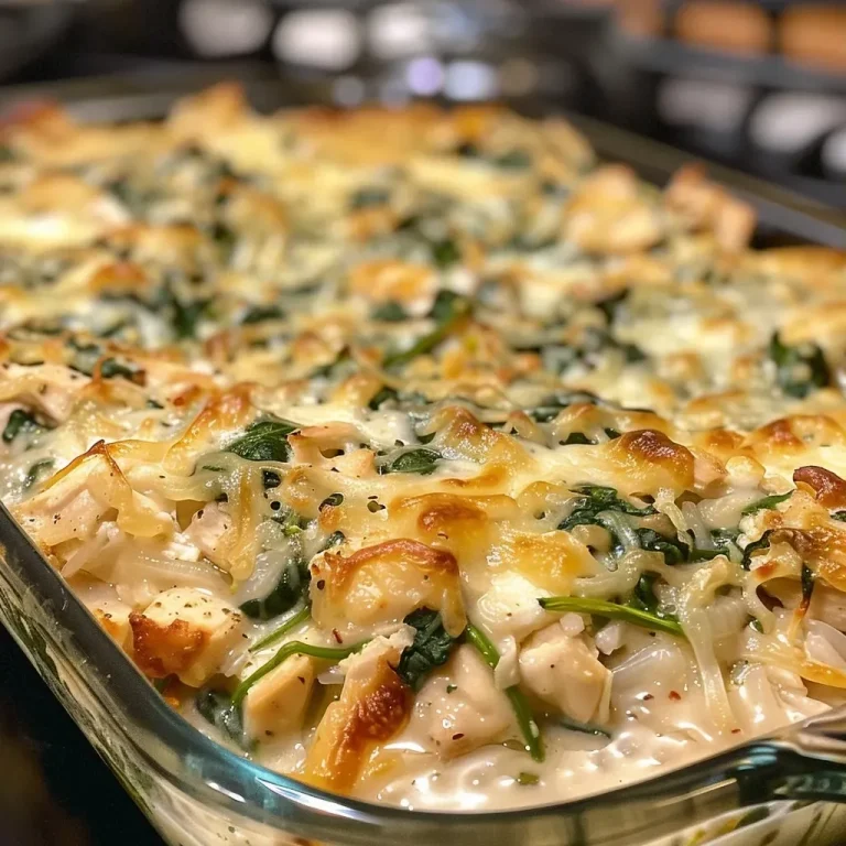 ['Close-up view of a creamy chicken and spinach casserole with melted cheese on top.', 'Side profile of a serving of creamy chicken and spinach casserole, showcasing its layers.', 'Detailed image of a baked chicken and spinach casserole with a golden cheese crust.', 'Juicy chicken and spinach casserole in a baking dish, highlighting its creamy texture.']