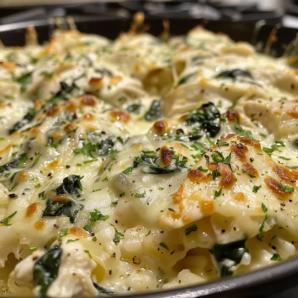Close-up view of a creamy chicken and spinach casserole with melted cheese on top.