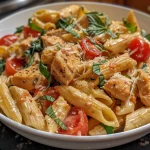 ['A close-up side view of creamy chicken and tomato pasta in a bowl, garnished with fresh basil.', 'Juicy, creamy chicken pasta dish with cherry tomatoes and spinach, served in a rustic bowl.', 'Succulent penne pasta topped with chicken, tomatoes, and cheese, capturing a warm, inviting meal.', 'A detailed view of a creamy chicken and tomato pasta, highlighting the vibrant colors of the ingredients.']