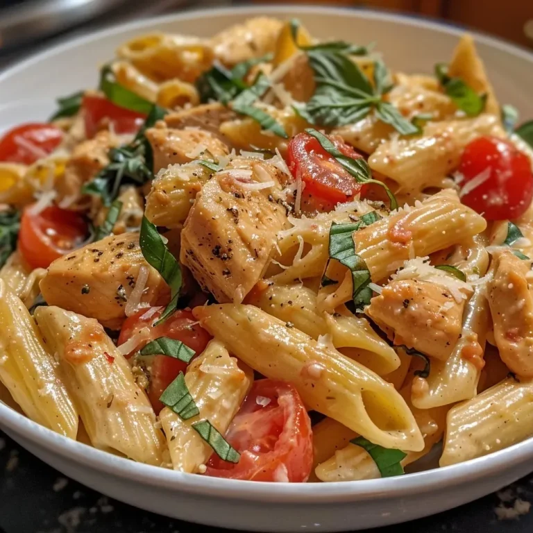 ['A close-up side view of creamy chicken and tomato pasta in a bowl, garnished with fresh basil.', 'Juicy, creamy chicken pasta dish with cherry tomatoes and spinach, served in a rustic bowl.', 'Succulent penne pasta topped with chicken, tomatoes, and cheese, capturing a warm, inviting meal.', 'A detailed view of a creamy chicken and tomato pasta, highlighting the vibrant colors of the ingredients.']