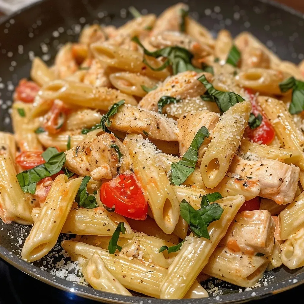 ['A close-up side view of creamy chicken and tomato pasta in a bowl, garnished with fresh basil.', 'Juicy, creamy chicken pasta dish with cherry tomatoes and spinach, served in a rustic bowl.', 'Succulent penne pasta topped with chicken, tomatoes, and cheese, capturing a warm, inviting meal.', 'A detailed view of a creamy chicken and tomato pasta, highlighting the vibrant colors of the ingredients.']