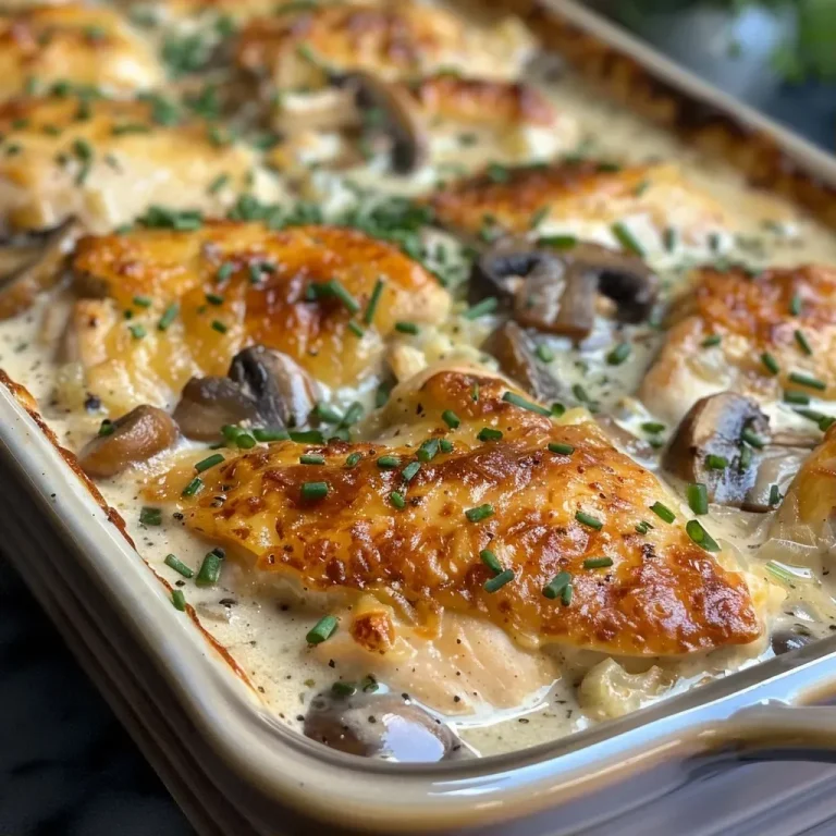 ['Close-up of a creamy chicken bake with juicy chicken and mushrooms.', 'Side view of a delicious creamy chicken bake in a baking dish.', 'Tantalizing creamy chicken bake featuring tender chicken and a mushroom sauce.', 'Juicy creamy chicken bake topped with herbs, showing rich, creamy texture.']