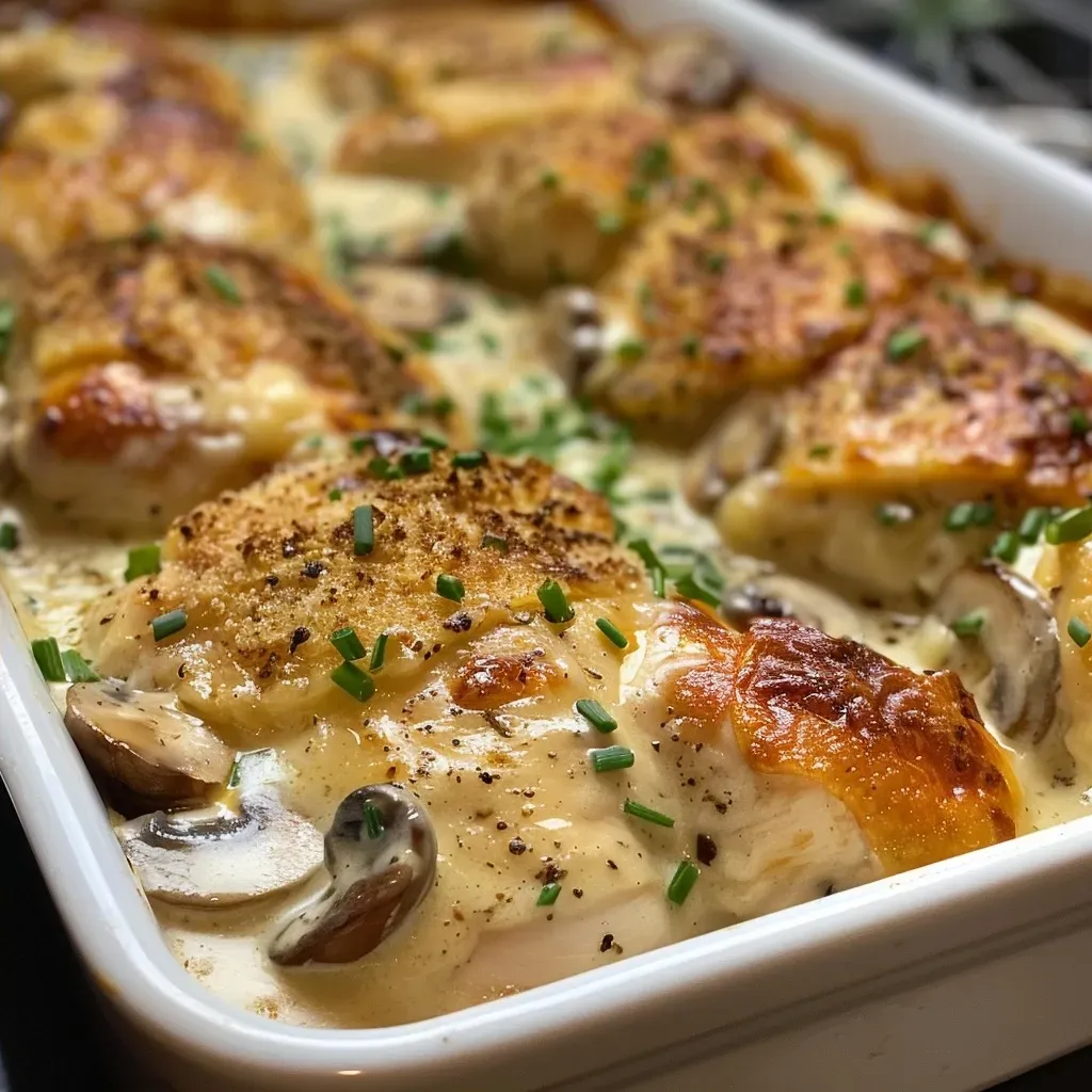 ['Close-up of a creamy chicken bake with juicy chicken and mushrooms.', 'Side view of a delicious creamy chicken bake in a baking dish.', 'Tantalizing creamy chicken bake featuring tender chicken and a mushroom sauce.', 'Juicy creamy chicken bake topped with herbs, showing rich, creamy texture.']