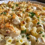 ['Close-up view of a creamy chicken pasta casserole topped with melted mozzarella.', 'Side angle of a delicious pasta casserole featuring chicken and creamy sauce.', 'Juicy creamy chicken pasta casserole served in a dish, garnished with parsley.', 'A hearty chicken pasta casserole with a golden, cheesy topping and creamy texture.']