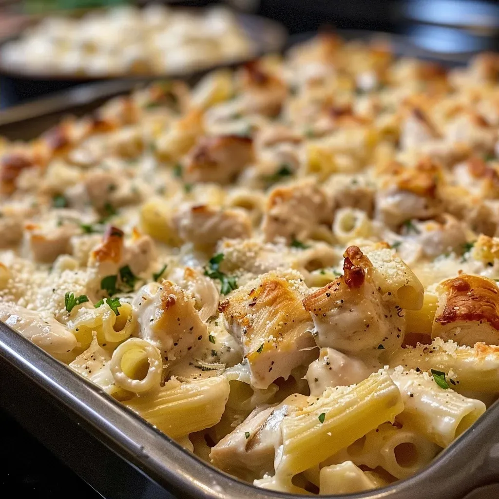 ['Close-up view of a creamy chicken pasta casserole topped with melted mozzarella.', 'Side angle of a delicious pasta casserole featuring chicken and creamy sauce.', 'Juicy creamy chicken pasta casserole served in a dish, garnished with parsley.', 'A hearty chicken pasta casserole with a golden, cheesy topping and creamy texture.']