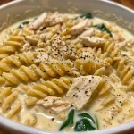 ['Close-up view of creamy chicken pasta soup with diced chicken and pasta.', 'Side photo of a bowl filled with creamy chicken pasta soup, showcasing vegetables and broth.', 'Delicious creamy chicken pasta soup presented in a rustic bowl, garnished with greens.', 'Tasty creamy chicken soup with pasta, herbs, and other ingredients in a warm setting.']