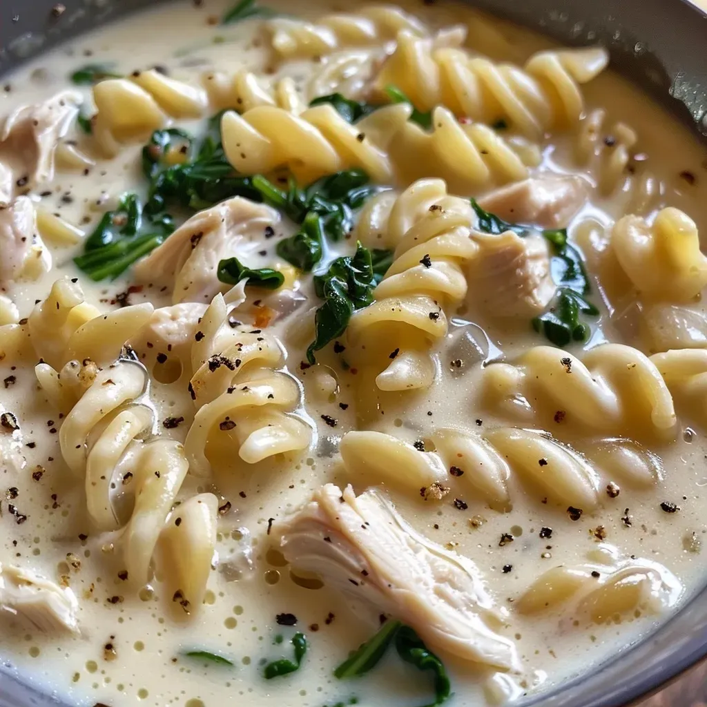 ['Close-up view of creamy chicken pasta soup with diced chicken and pasta.', 'Side photo of a bowl filled with creamy chicken pasta soup, showcasing vegetables and broth.', 'Delicious creamy chicken pasta soup presented in a rustic bowl, garnished with greens.', 'Tasty creamy chicken soup with pasta, herbs, and other ingredients in a warm setting.']