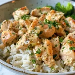 ['Close-up of creamy garlic chicken rice bowl with broccoli and parsley.', 'Side view of a bowl filled with creamy garlic chicken, rice, and vegetables.', 'Juicy garlic chicken served over rice with steamed broccoli and a creamy sauce.', 'Delicious garlic chicken and rice bowl garnished with fresh parsley.']