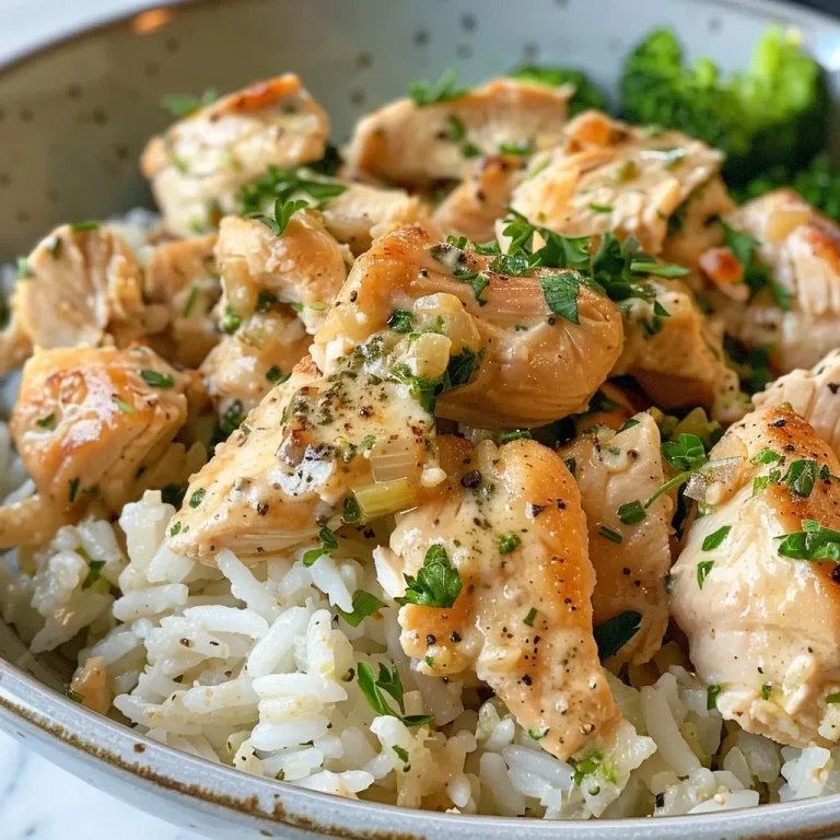 ['Close-up of creamy garlic chicken rice bowl with broccoli and parsley.', 'Side view of a bowl filled with creamy garlic chicken, rice, and vegetables.', 'Juicy garlic chicken served over rice with steamed broccoli and a creamy sauce.', 'Delicious garlic chicken and rice bowl garnished with fresh parsley.']