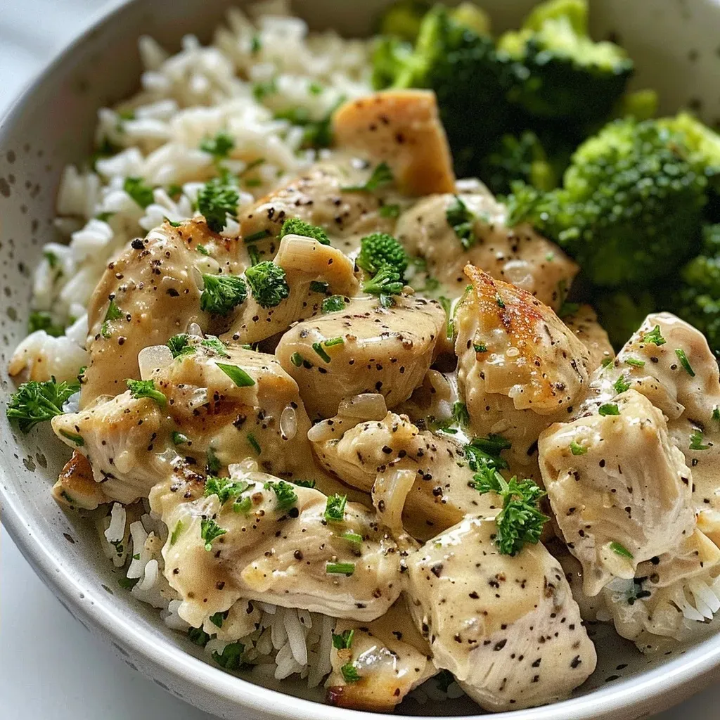 ['Close-up of creamy garlic chicken rice bowl with broccoli and parsley.', 'Side view of a bowl filled with creamy garlic chicken, rice, and vegetables.', 'Juicy garlic chicken served over rice with steamed broccoli and a creamy sauce.', 'Delicious garlic chicken and rice bowl garnished with fresh parsley.']