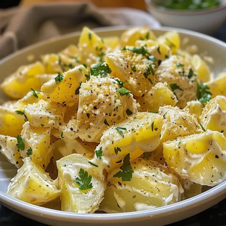 ['Close-up side view of creamy garlic Parmesan potato salad with chunks of potatoes and herbs.', 'A bowl of rich creamy garlic Parmesan potato salad garnished with parsley.', 'Juicy potato salad featuring a creamy texture with garlic and Parmesan, viewed from the side.', 'Side view of a delicious potato salad showcasing its creamy appearance and fresh ingredients.']