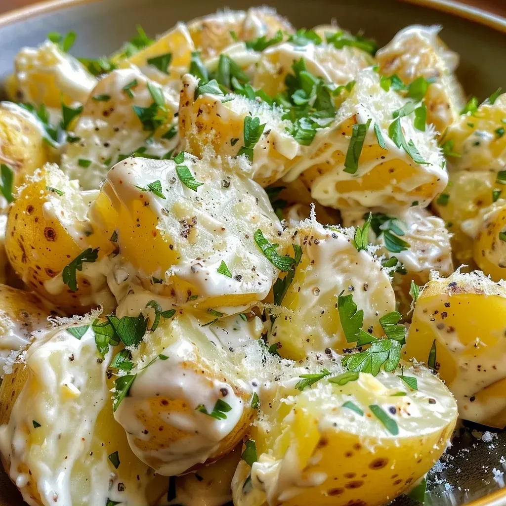 ['Close-up side view of creamy garlic Parmesan potato salad with chunks of potatoes and herbs.', 'A bowl of rich creamy garlic Parmesan potato salad garnished with parsley.', 'Juicy potato salad featuring a creamy texture with garlic and Parmesan, viewed from the side.', 'Side view of a delicious potato salad showcasing its creamy appearance and fresh ingredients.']