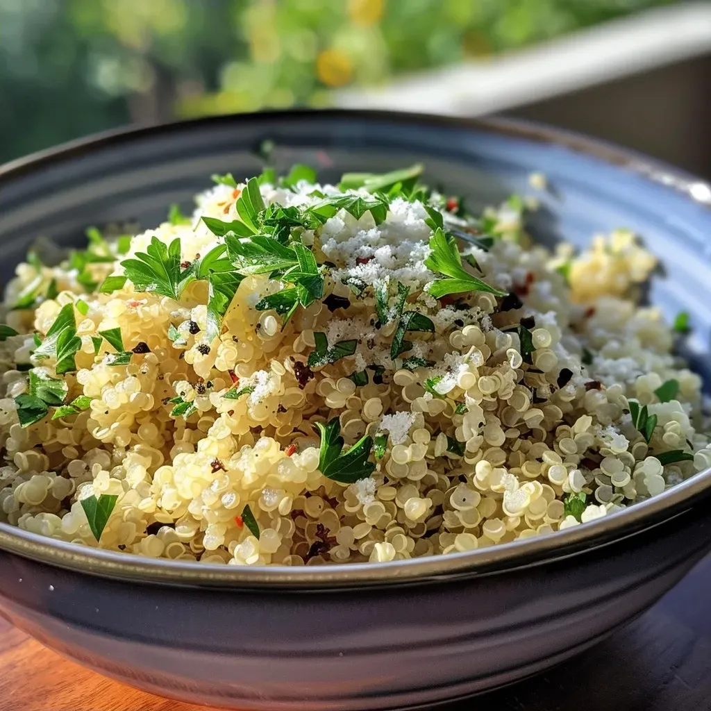 ['Close-up side view of creamy garlic Parmesan quinoa garnished with fresh parsley.', 'A dish of creamy garlic Parmesan quinoa presented in a bowl, highlighting its creamy texture.', 'Juicy, delicious creamy garlic Parmesan quinoa with minced garlic visible, served from a bowl.', 'Side view of a creamy garlic Parmesan quinoa dish, showcasing rich flavors and ingredients.']