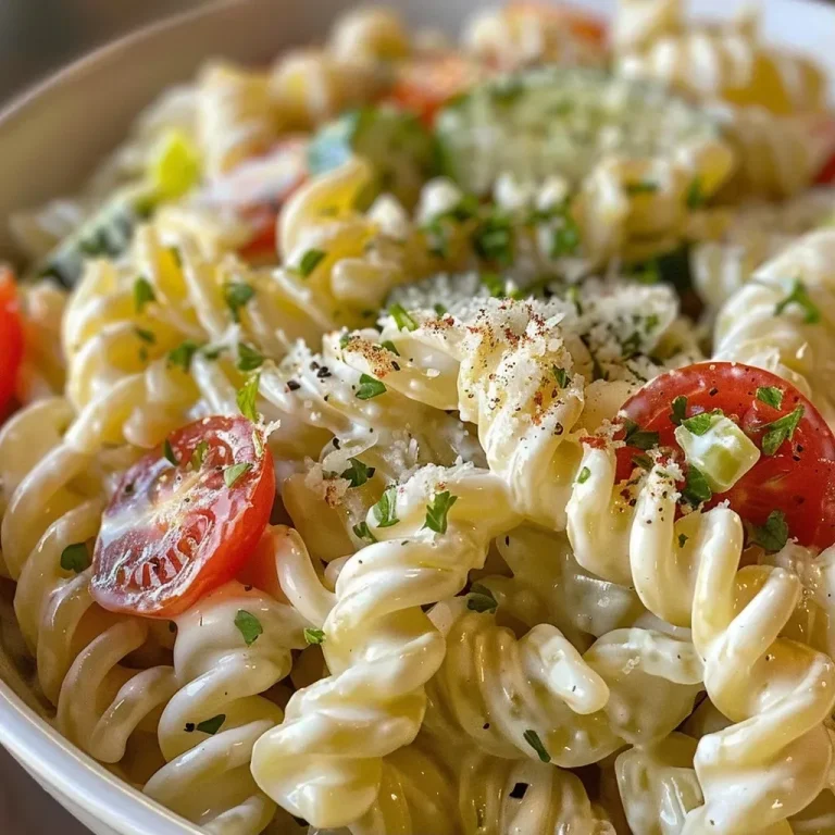 ['Close-up view of a creamy garlic pasta salad with colorful vegetables.', 'Side view of creamy pasta salad featuring rotini, tomatoes, and cucumber.', 'Juicy creamy garlic pasta salad served in a bowl with fresh ingredients.', 'Delicious creamy garlic pasta salad displayed with vibrant halved tomatoes.']