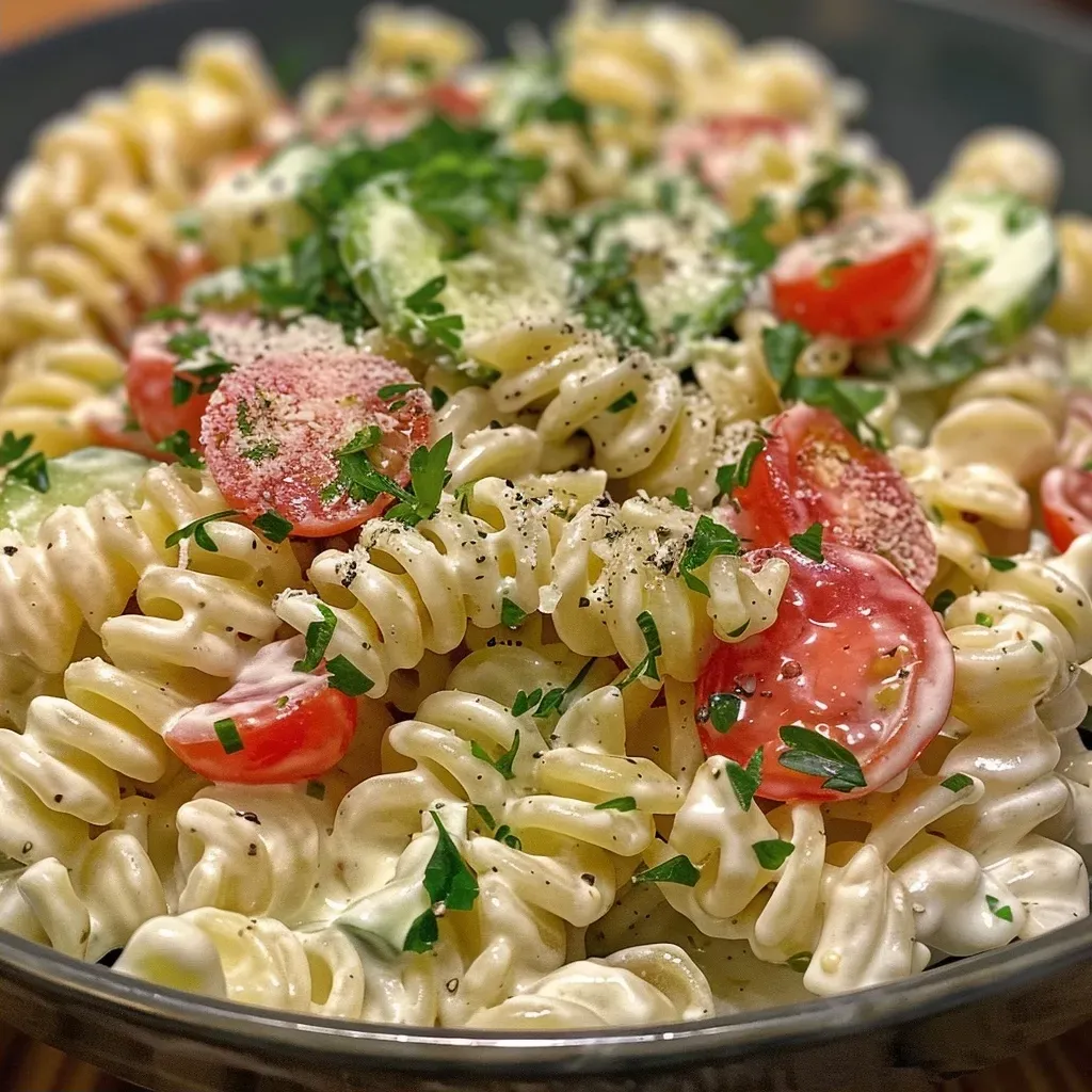 ['Close-up view of a creamy garlic pasta salad with colorful vegetables.', 'Side view of creamy pasta salad featuring rotini, tomatoes, and cucumber.', 'Juicy creamy garlic pasta salad served in a bowl with fresh ingredients.', 'Delicious creamy garlic pasta salad displayed with vibrant halved tomatoes.']