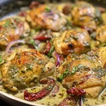 ['Close-up view of juicy creamy garlic pesto chicken on a plate, garnished with fresh basil and Parmesan.', 'Side view of succulent creamy garlic pesto chicken with vibrant bell peppers and sun-dried tomatoes.', 'Juicy chicken breasts covered in creamy garlic pesto sauce, with red onion and basil topping.', 'Rich creamy garlic pesto chicken served with colorful vegetables, showcasing a delectable sauce.']