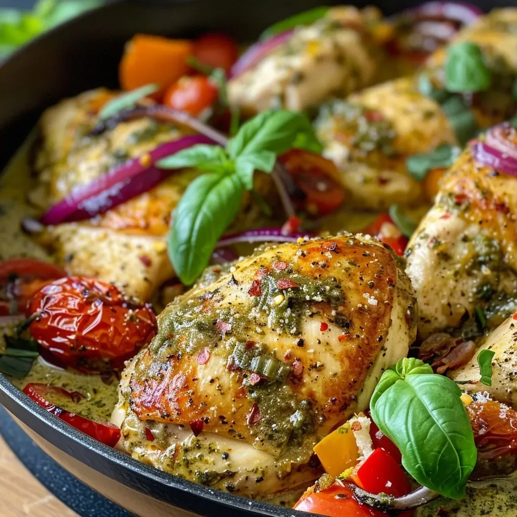 ['Close-up view of juicy creamy garlic pesto chicken on a plate, garnished with fresh basil and Parmesan.', 'Side view of succulent creamy garlic pesto chicken with vibrant bell peppers and sun-dried tomatoes.', 'Juicy chicken breasts covered in creamy garlic pesto sauce, with red onion and basil topping.', 'Rich creamy garlic pesto chicken served with colorful vegetables, showcasing a delectable sauce.']