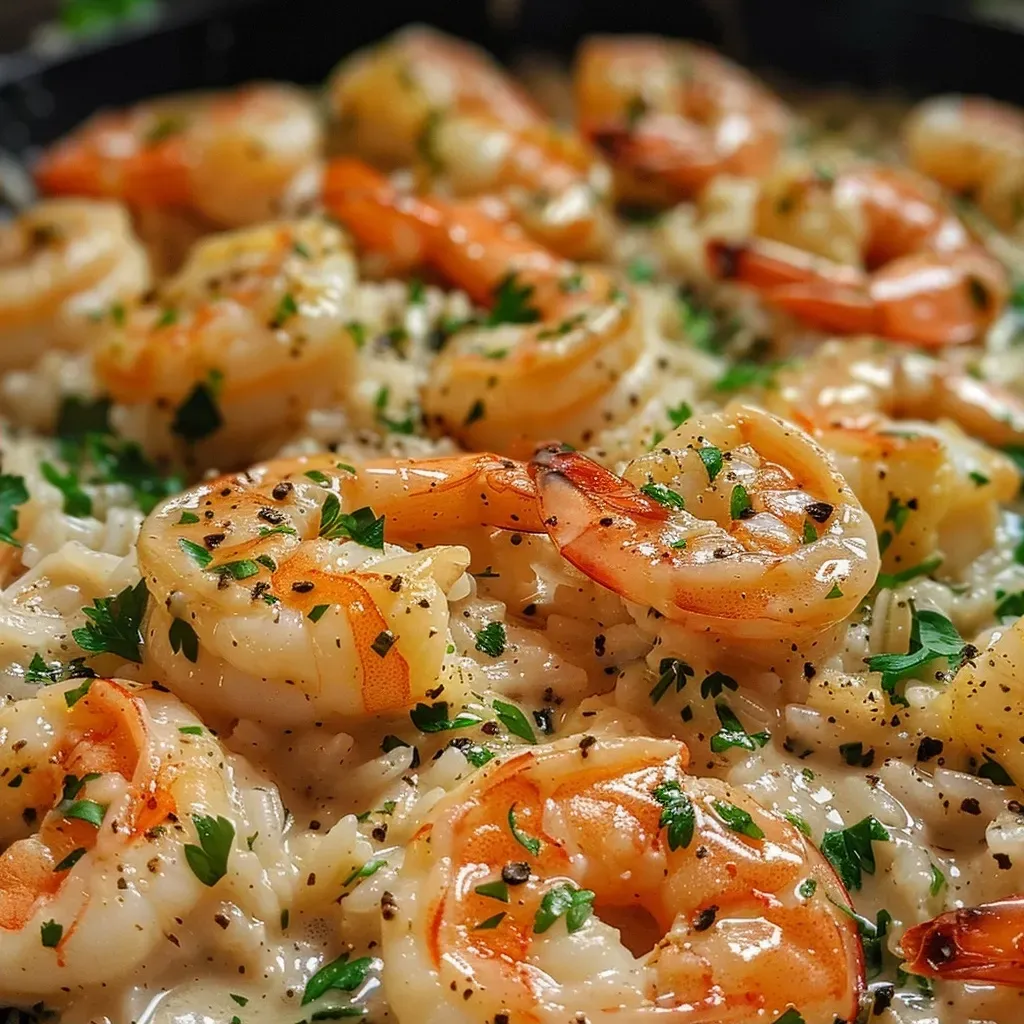 ['A side view close-up of creamy garlic shrimp served over rice, garnished with parsley.', 'Delicious creamy garlic shrimp dish with rice, captured in bright lighting.', 'Juicy shrimp in creamy garlic sauce paired with fluffy rice, with a touch of greenery from parsley.', 'An iPhone close-up of a bowl of creamy garlic shrimp and rice, showcasing its rich texture.']