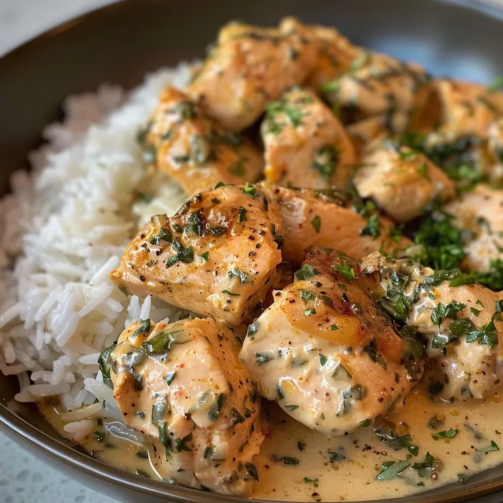 ['Close-up of creamy herb chicken served on a bed of fluffy basmati rice.', 'Side view of a plate featuring juicy herb chicken and basmati rice.', 'Appetizing creamy herb chicken paired with tender basmati rice, garnished with fresh herbs.', 'Delicious creamy herb chicken alongside perfectly cooked basmati rice.']