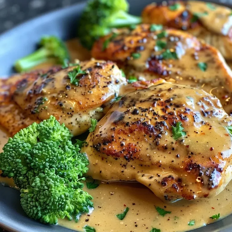 ['Juicy Creamy Honey Mustard Chicken with broccoli in a close-up side view.', 'Side view of Creamy Honey Mustard Chicken garnished with parsley and broccoli.', 'Close-up of succulent chicken breasts in creamy honey mustard sauce with vegetables.', 'Delicious plated Creamy Honey Mustard Chicken with a vibrant green broccoli side.']