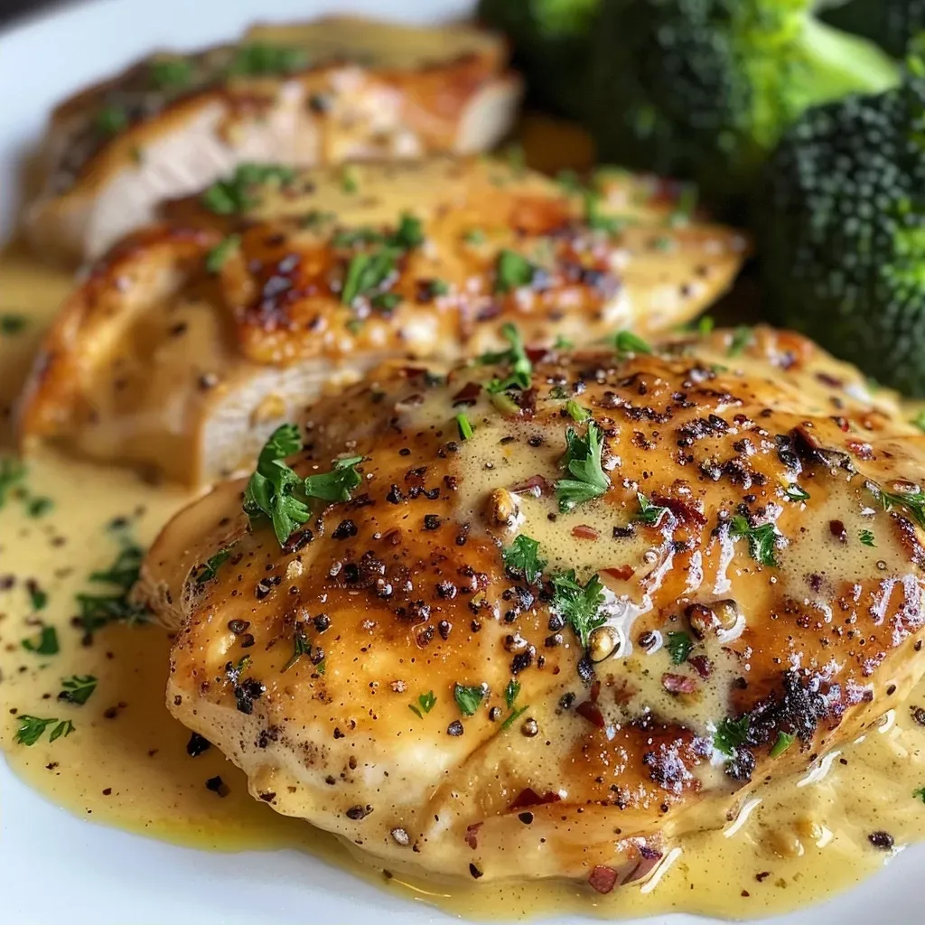 ['Juicy Creamy Honey Mustard Chicken with broccoli in a close-up side view.', 'Side view of Creamy Honey Mustard Chicken garnished with parsley and broccoli.', 'Close-up of succulent chicken breasts in creamy honey mustard sauce with vegetables.', 'Delicious plated Creamy Honey Mustard Chicken with a vibrant green broccoli side.']