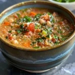 ['Close-up of creamy Italian quinoa soup with vegetables and chickpeas.', 'A vibrant bowl of creamy quinoa soup featuring carrots, celery, and spinach.', 'Side view of a steaming bowl of Italian quinoa soup garnished with Parmesan cheese.', 'Rich and creamy Italian quinoa soup with a medley of colorful vegetables.']