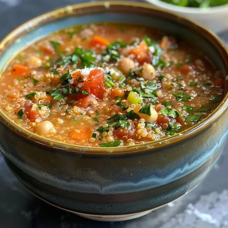 ['Close-up of creamy Italian quinoa soup with vegetables and chickpeas.', 'A vibrant bowl of creamy quinoa soup featuring carrots, celery, and spinach.', 'Side view of a steaming bowl of Italian quinoa soup garnished with Parmesan cheese.', 'Rich and creamy Italian quinoa soup with a medley of colorful vegetables.']