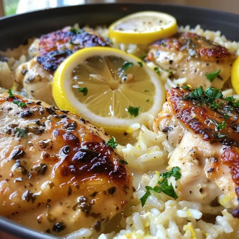 ['A close-up side view of a creamy chicken and rice bake featuring lemon slices and garnished with parsley.', 'A deliciously baked dish of creamy lemon garlic chicken and rice, highlighted by fresh herbs and lemon.', 'Juicy chicken thighs in a creamy rice bake, adorned with lemon zest and parsley for a vibrant look.', 'A mouthwatering side view of lemon garlic chicken and rice, showcasing the creamy consistency and colorful garnish.']