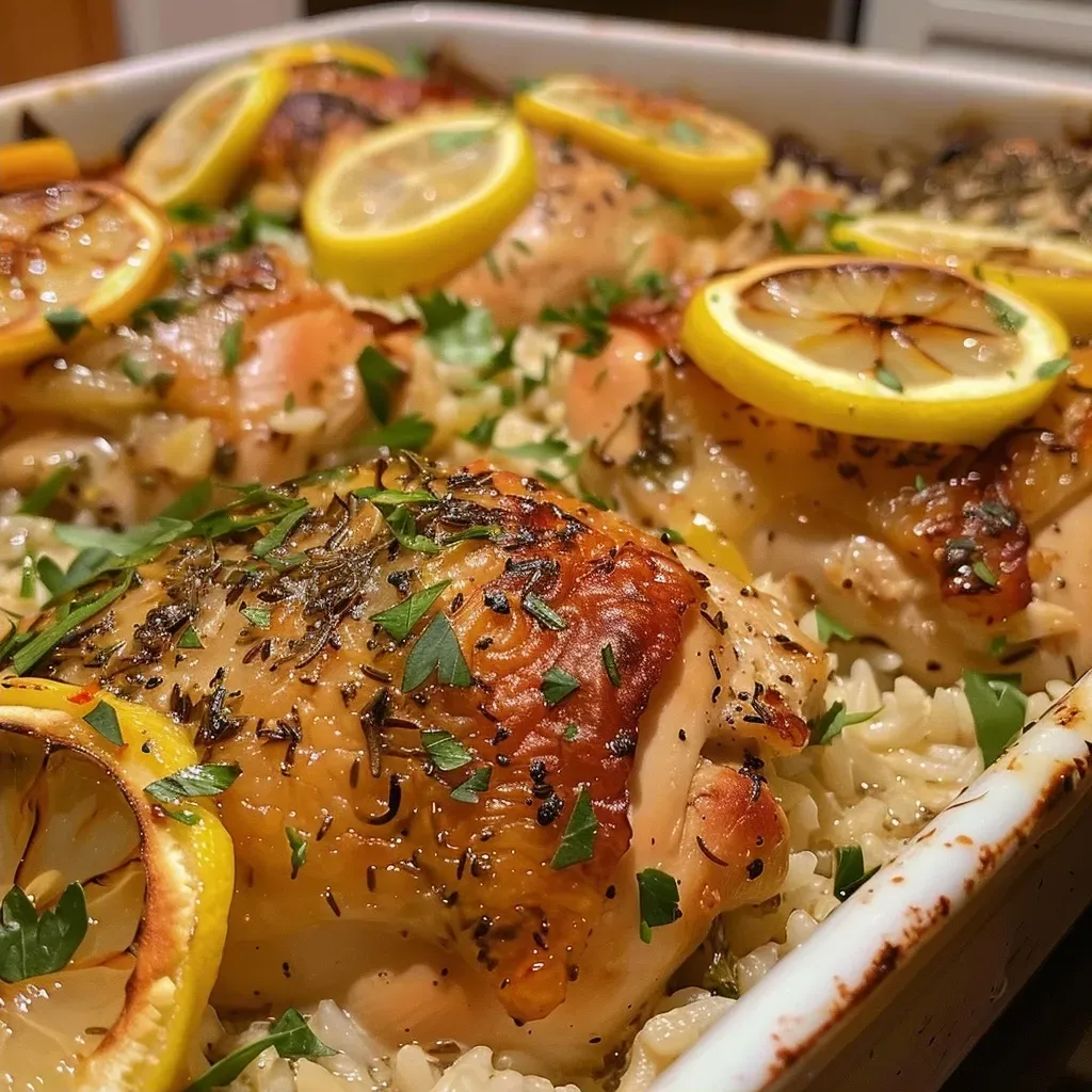 ['A close-up side view of a creamy chicken and rice bake featuring lemon slices and garnished with parsley.', 'A deliciously baked dish of creamy lemon garlic chicken and rice, highlighted by fresh herbs and lemon.', 'Juicy chicken thighs in a creamy rice bake, adorned with lemon zest and parsley for a vibrant look.', 'A mouthwatering side view of lemon garlic chicken and rice, showcasing the creamy consistency and colorful garnish.']