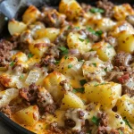 ['A close-up view of a creamy meat and potato skillet with diced potatoes and ground beef.', 'A delicious creamy meat and potato dish featuring melted cheese and herbs.', 'An appetizing skillet filled with ground beef, potatoes, and a rich creamy sauce.', 'A juicy meat and potato skillet garnished with parsley and bubbling cheese.']