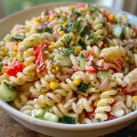 ['Close-up view of a creamy pasta salad with colorful vegetables and beans.', 'A vibrant creamy pasta salad showcasing short pasta, red bell peppers, and greens.', 'Side view of creamy pasta salad filled with fresh ingredients like cucumbers and olives.', 'Textured close-up of a delicious creamy pasta salad with a variety of colorful ingredients.']