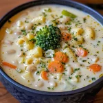 ['Close-up view of a creamy pasta soup filled with vegetables and pasta.', 'Side view of a hearty creamy pasta soup featuring broccoli and beans.', 'Detailed image of creamy pasta soup garnished with fresh herbs.', 'Close-up of a bowl of creamy pasta soup showcasing its rich texture and ingredients.']