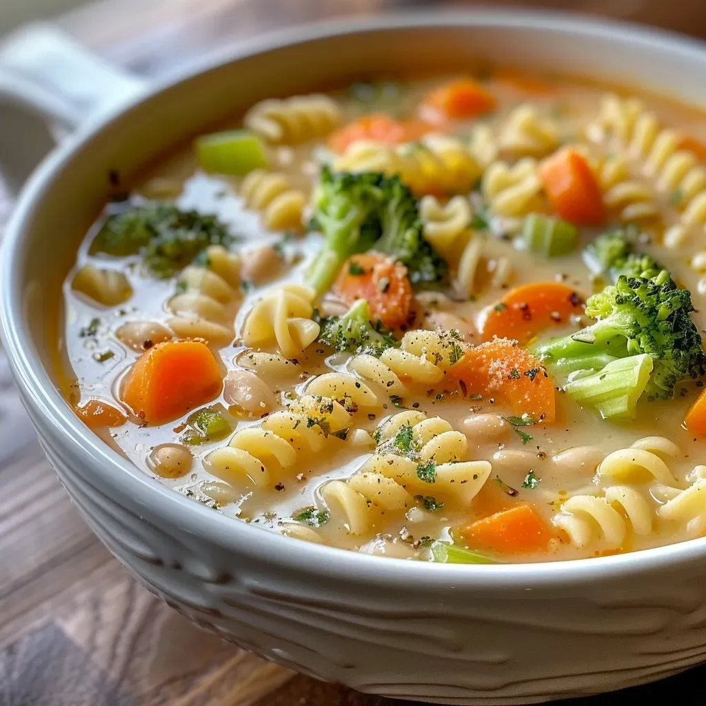 ['Close-up view of a creamy pasta soup filled with vegetables and pasta.', 'Side view of a hearty creamy pasta soup featuring broccoli and beans.', 'Detailed image of creamy pasta soup garnished with fresh herbs.', 'Close-up of a bowl of creamy pasta soup showcasing its rich texture and ingredients.']