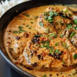 ['A close-up view of creamy peri-peri chicken served over rice, garnished with parsley.', 'Juicy peri-peri chicken in a creamy sauce, with rice on the side, captured in vibrant detail.', 'A delicious dish of creamy peri-peri chicken with fluffy white rice, showcasing rich textures.', 'A side angle of succulent peri-peri chicken atop rice, with a glossy cream sauce and fresh herbs.']