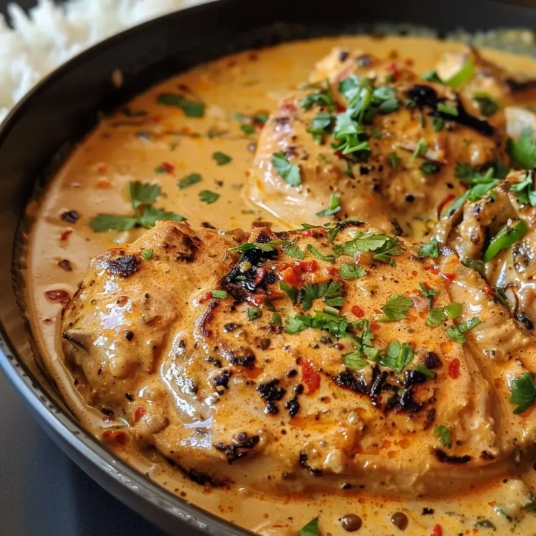['A close-up view of creamy peri-peri chicken served over rice, garnished with parsley.', 'Juicy peri-peri chicken in a creamy sauce, with rice on the side, captured in vibrant detail.', 'A delicious dish of creamy peri-peri chicken with fluffy white rice, showcasing rich textures.', 'A side angle of succulent peri-peri chicken atop rice, with a glossy cream sauce and fresh herbs.']