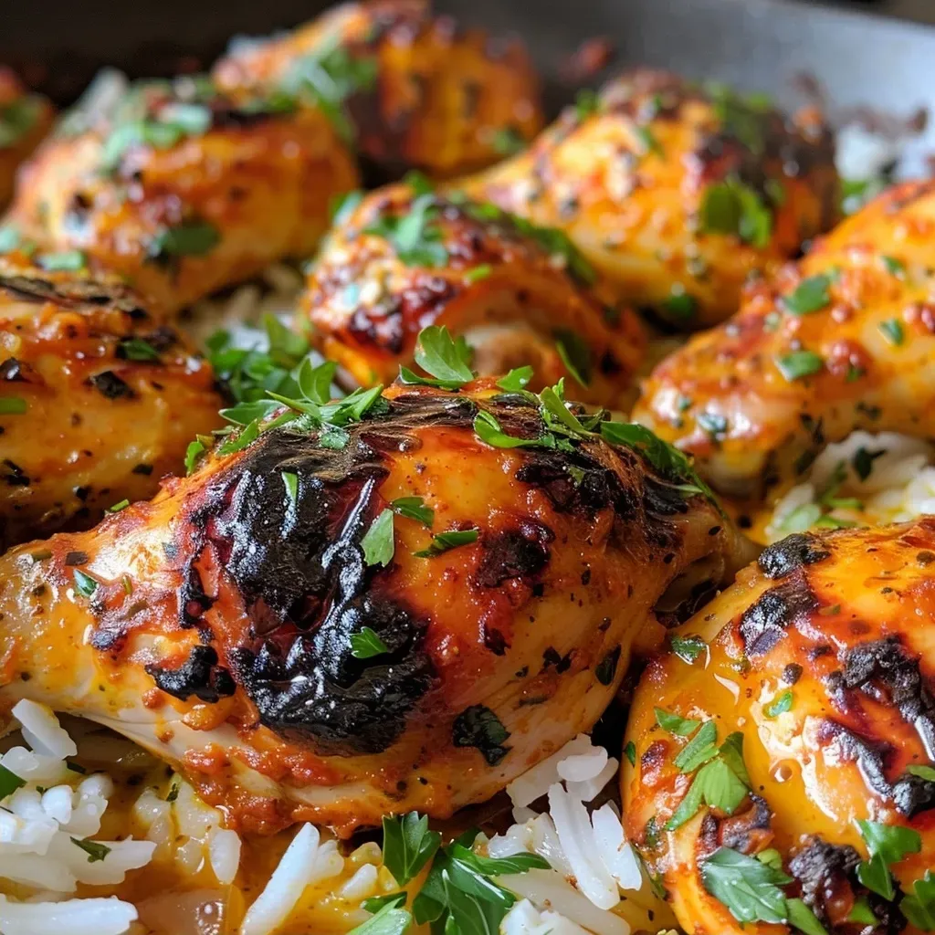 ['A close-up view of creamy peri-peri chicken served over rice, garnished with parsley.', 'Juicy peri-peri chicken in a creamy sauce, with rice on the side, captured in vibrant detail.', 'A delicious dish of creamy peri-peri chicken with fluffy white rice, showcasing rich textures.', 'A side angle of succulent peri-peri chicken atop rice, with a glossy cream sauce and fresh herbs.']