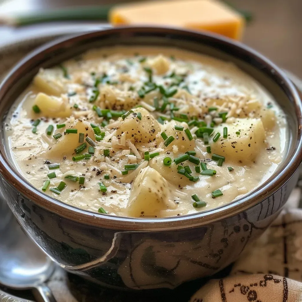['Close-up view of creamy potato soup topped with chives and cheese.', 'Side view of a bowl of creamy potato soup with a smooth texture.', 'Creamy potato soup in a bowl, garnished with shredded cheese and fresh herbs.', 'Delicious creamy potato soup in a rustic bowl, showcasing its rich consistency.']