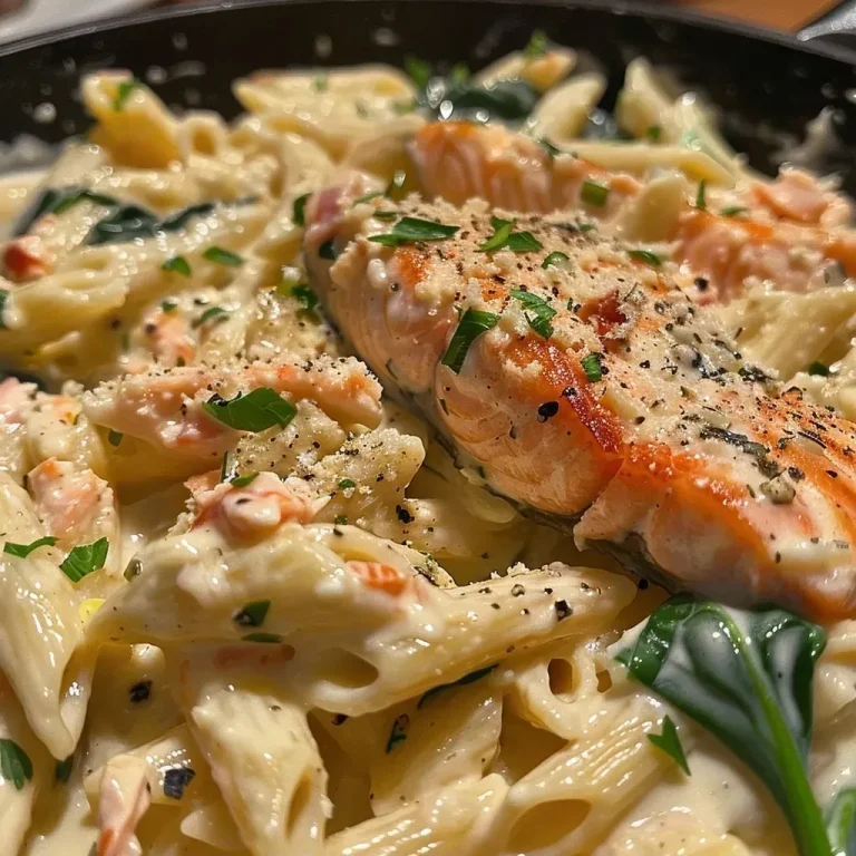 ['Close-up side view of creamy salmon pasta with sun-dried tomatoes and spinach.', 'A serving of Creamy Salmon Pasta featuring cooked salmon, pasta, and vibrant greens.', 'Detailed view of a bowl of creamy pasta topped with garnished salmon fillets and vegetables.', 'Close-up of a delectable salmon pasta dish with a creamy sauce and fresh ingredients.']