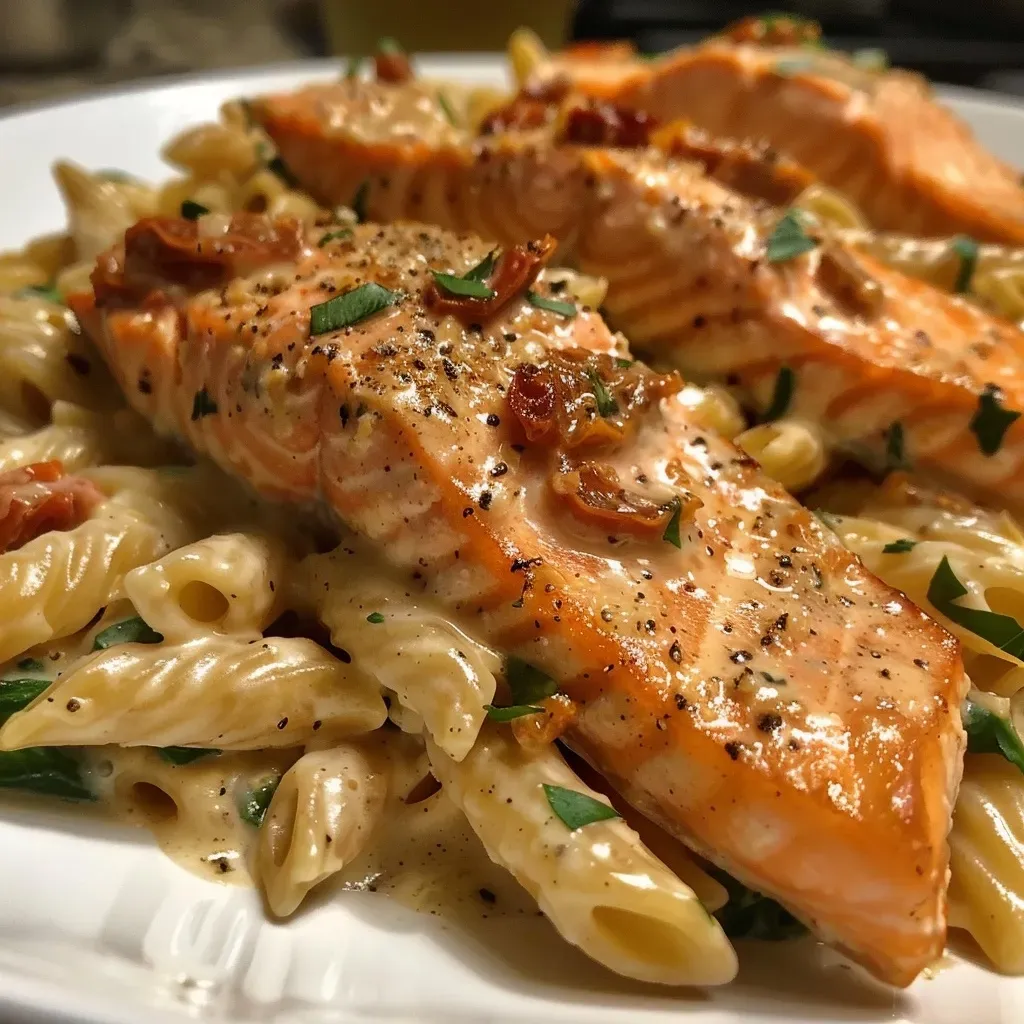 ['Close-up side view of creamy salmon pasta with sun-dried tomatoes and spinach.', 'A serving of Creamy Salmon Pasta featuring cooked salmon, pasta, and vibrant greens.', 'Detailed view of a bowl of creamy pasta topped with garnished salmon fillets and vegetables.', 'Close-up of a delectable salmon pasta dish with a creamy sauce and fresh ingredients.']
