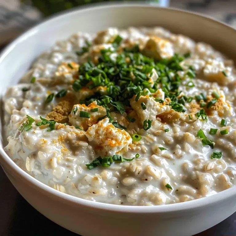['Close-up view of a creamy savory oatmeal bowl topped with cheese and herbs.', 'Side view of a delicious oatmeal bowl featuring rolled oats and a creamy texture.', 'Overhead shot of a savory oatmeal bowl garnished with cheese and spices.', 'Textured oatmeal bowl with a rich, creamy appearance and visible toppings.']