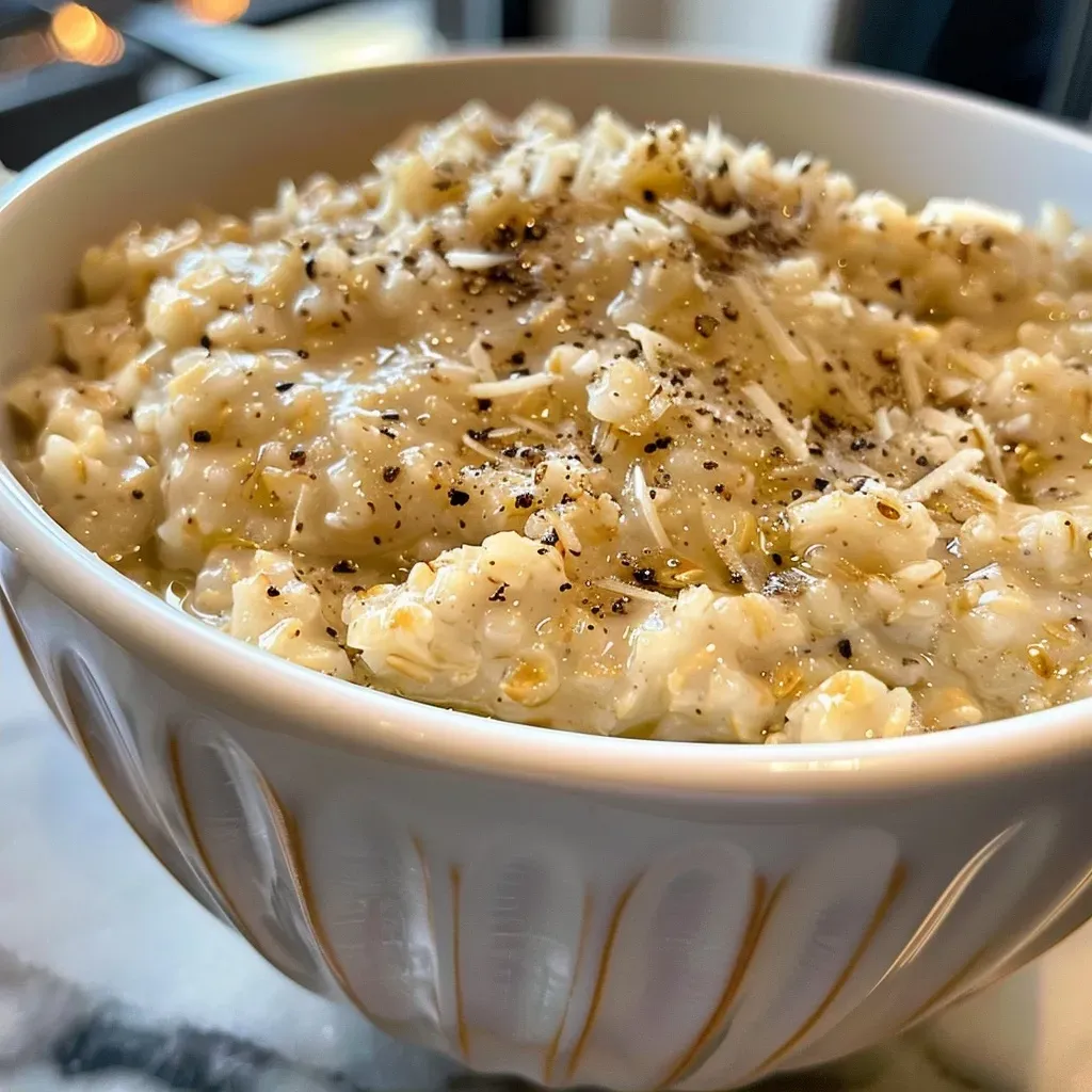 ['Close-up view of a creamy savory oatmeal bowl topped with cheese and herbs.', 'Side view of a delicious oatmeal bowl featuring rolled oats and a creamy texture.', 'Overhead shot of a savory oatmeal bowl garnished with cheese and spices.', 'Textured oatmeal bowl with a rich, creamy appearance and visible toppings.']