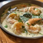 ['Close-up view of creamy shrimp soup with shrimp and spinach.', 'Side angle of a rich, creamy shrimp soup garnished with parsley.', 'Bowl filled with creamy shrimp soup showcasing shrimp and baby spinach.', 'Delicious shrimp soup with a thick, creamy texture and colorful ingredients.']